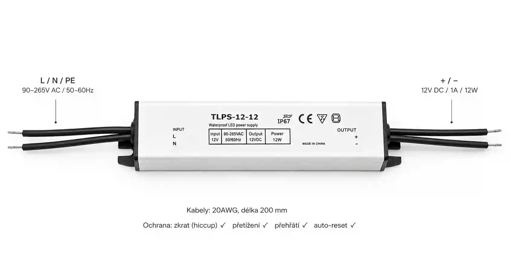 Schéma zapojení LED zdroje 12V 12W IP67 s označením vstupních a výstupních vodičů 20AWG délka 200 mm